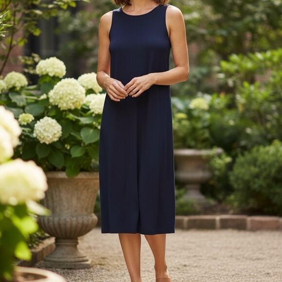 Eileen Fisher Navy Blue Tank Shift Boat Neck Casual Sleeveless Dress size M - Picture 1 of 10